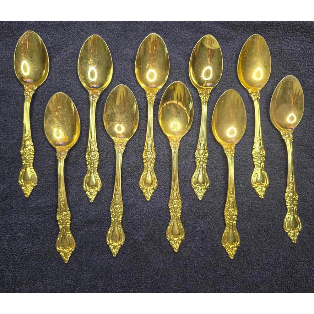 Vintage Set of 10 Royal Sealy RLF1 Gold-Plated Stainless Steel Teaspoons